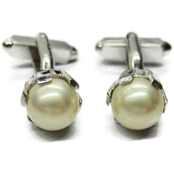 Imitation Pearl Silver Tone Cufflinks Tux Shirt Dress Suit Vintage - Picture 1 of 7